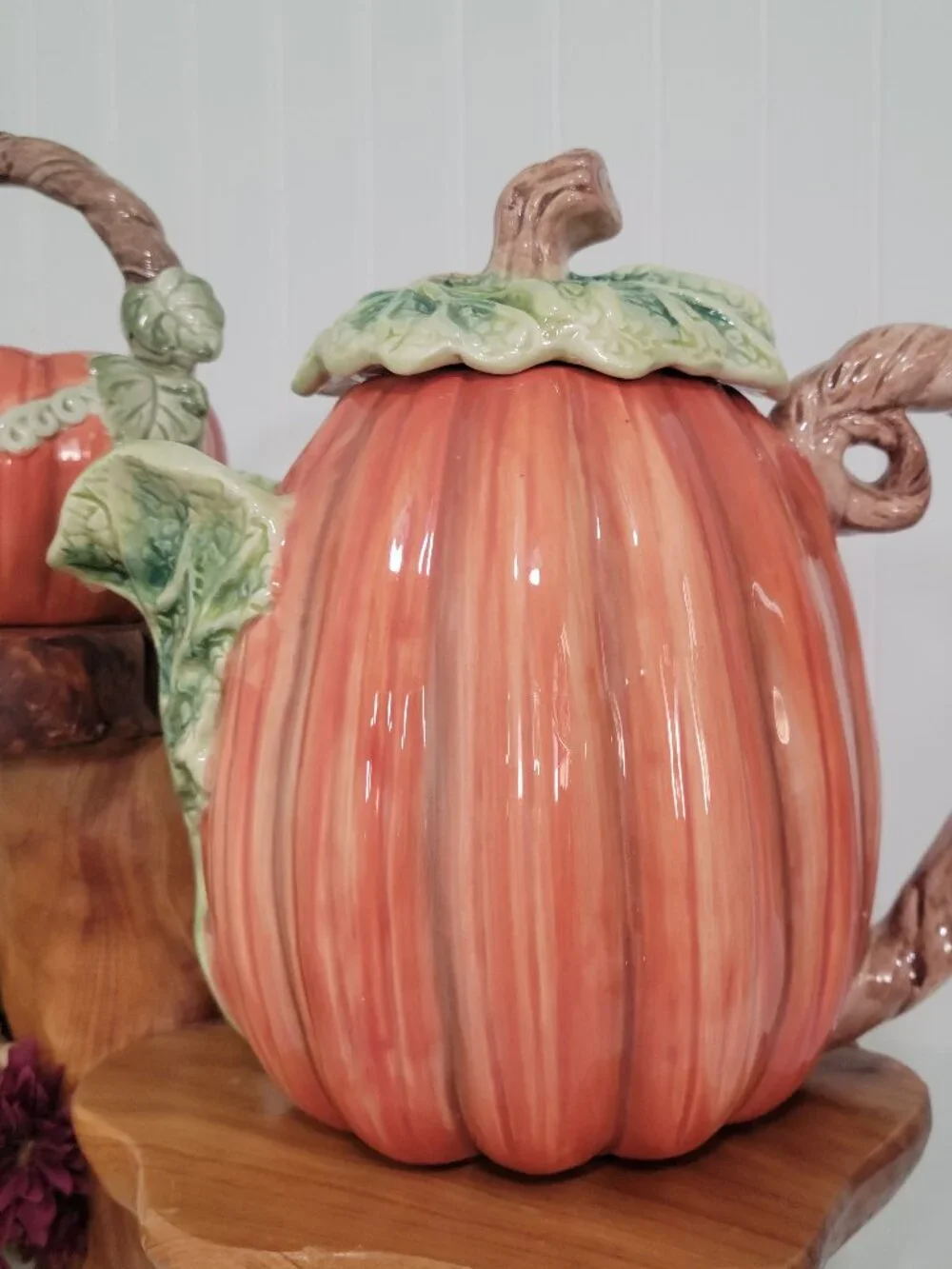 Vtg Fitz & Floyd OCI Fall Kitschy Cottagecore Ceramic Pumpkin Tea Pot & Basket